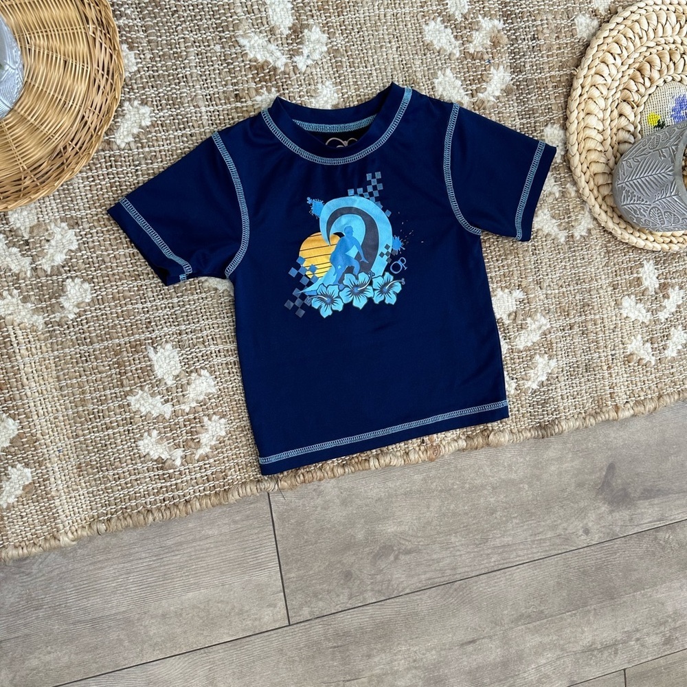 OP Baby Toddler Boy Navy Blue Surfing Graphic Swim Rash Guard Short Sleeve Shirt - Picture 7 of 10